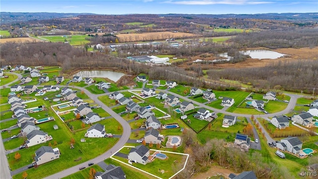 bird's eye view featuring a water view and a residential view