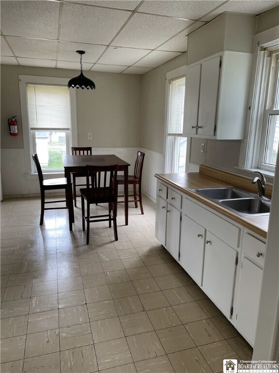 14 Moore Ave, Pomfret, NY 14063 - kitchen featuring a sink, white cabinets, a drop ceiling, and a wealth of natural light