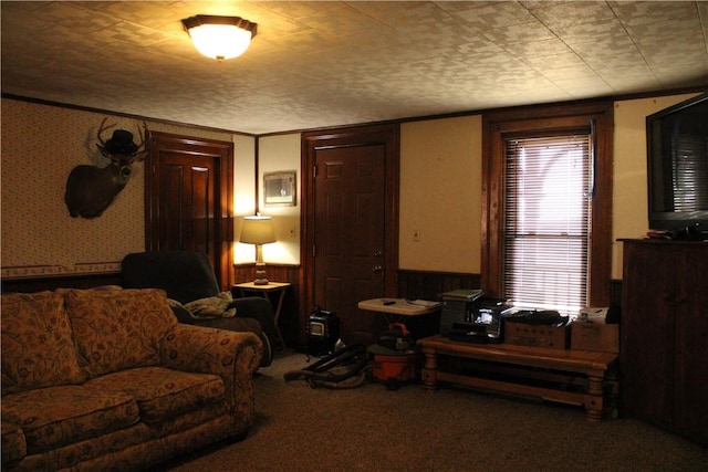 carpeted living room featuring crown molding and wainscoting