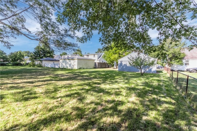 view of yard with an outbuilding and a fenced backyard