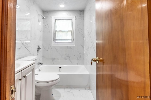 bathroom with marble finish floor, vanity, toilet, and shower / bathing tub combination