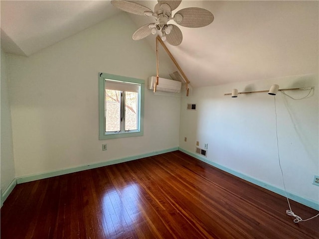 bonus room featuring a ceiling fan, baseboards, lofted ceiling, an AC wall unit, and wood-type flooring