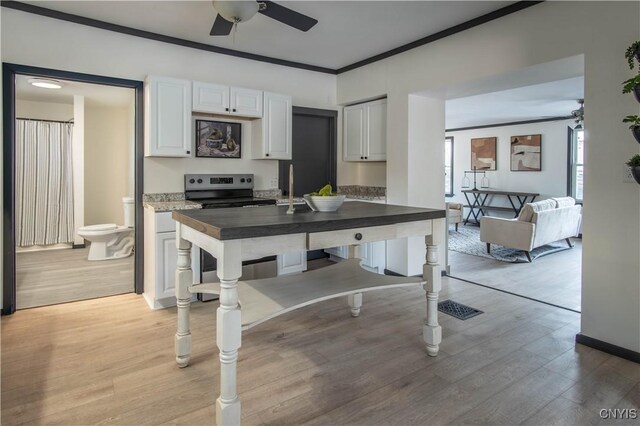 kitchen with white cabinetry, crown molding, light wood-type flooring, and stainless steel range with electric cooktop