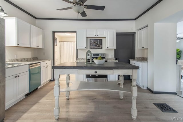 kitchen featuring visible vents, ornamental molding, white cabinets, and stainless steel dishwasher