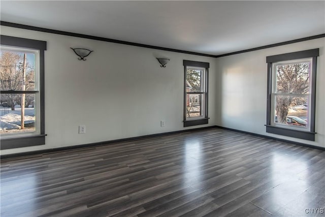 spare room with crown molding, plenty of natural light, baseboards, and dark wood-style flooring