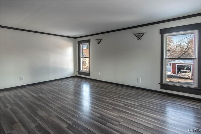 empty room with crown molding, baseboards, and dark wood-type flooring