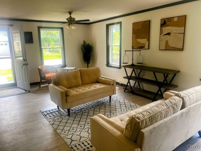 21 Avery Ave, Alexandria, NY 13607 - living area featuring crown molding, hardwood / wood-style floors, a ceiling fan, and baseboards
