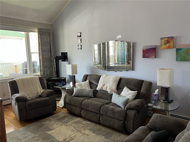 living room with a baseboard radiator, wood finished floors, a wood stove, and vaulted ceiling