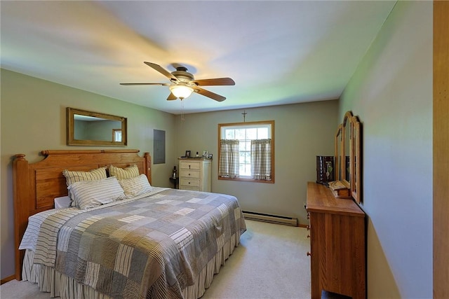 bedroom featuring baseboard heating, light colored carpet, baseboards, and a ceiling fan