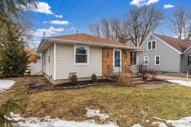 view of front facade featuring a front lawn, brick siding, and roof with shingles