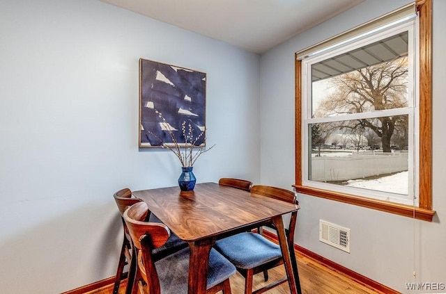 dining room featuring wood finished floors, visible vents, and baseboards