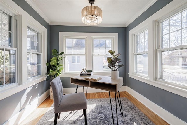 office area with crown molding, wood finished floors, and baseboards