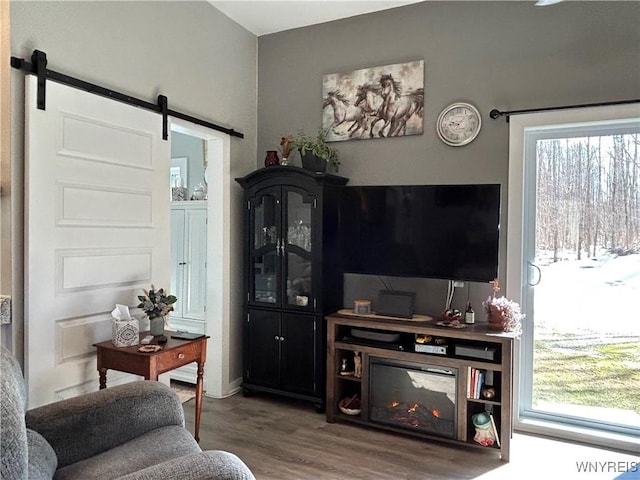 living area featuring a barn door and wood finished floors