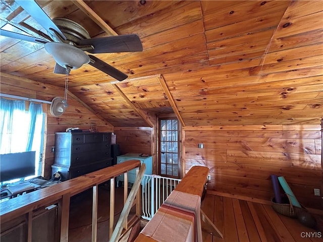 interior space featuring wood-type flooring, lofted ceiling, wood ceiling, and wood walls