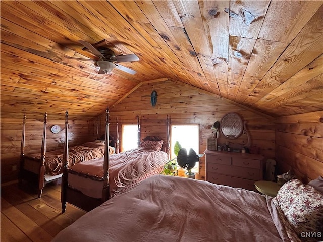 unfurnished bedroom featuring wood walls, wooden ceiling, lofted ceiling, and hardwood / wood-style flooring