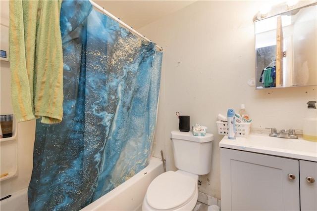 full bathroom featuring toilet, shower / bath combo, and vanity