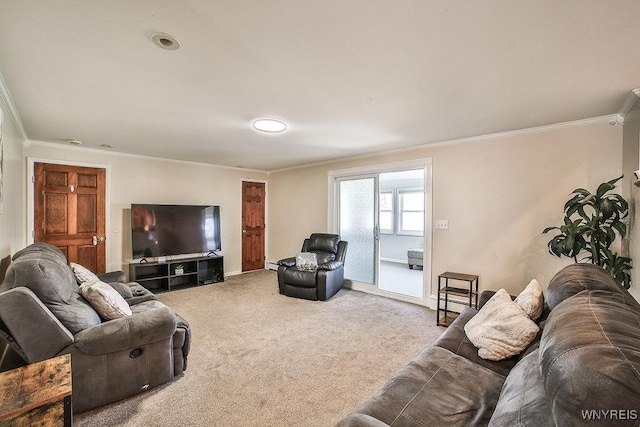 living area featuring carpet and ornamental molding