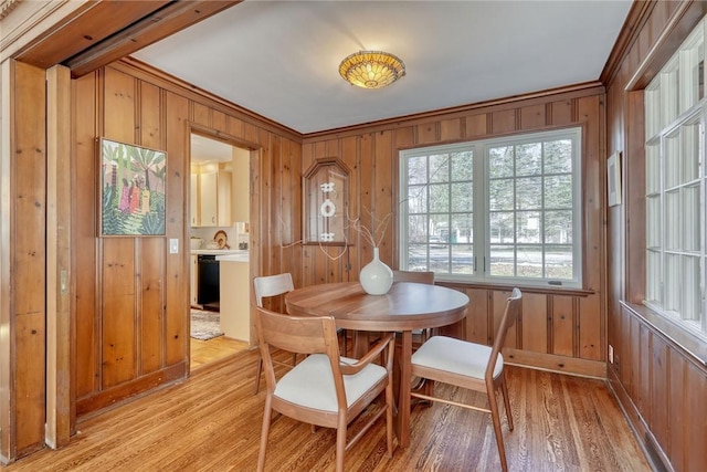 dining space with light wood-style floors, wooden walls, and crown molding