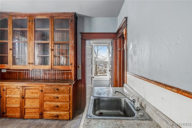 kitchen featuring glass insert cabinets, light wood-style floors, and a sink