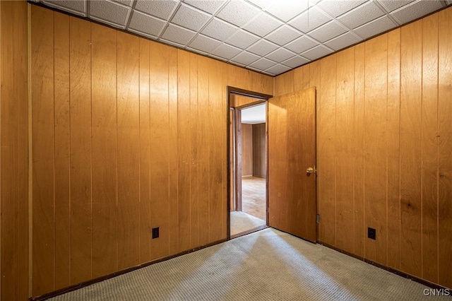 carpeted empty room featuring baseboards and wood walls