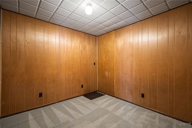 empty room with carpet flooring, baseboards, and wooden walls