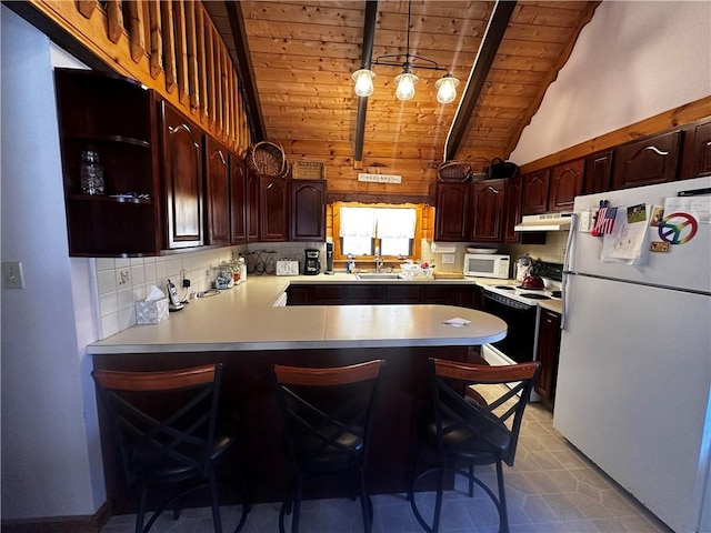 kitchen with vaulted ceiling with beams, decorative backsplash, wooden ceiling, a peninsula, and white appliances