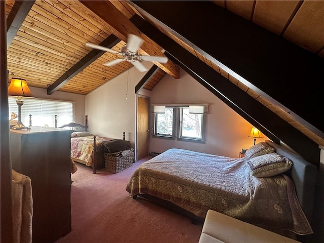 carpeted bedroom featuring wooden ceiling, vaulted ceiling with beams, and a ceiling fan