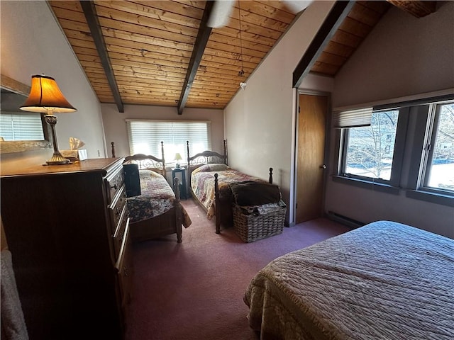 bedroom with wood ceiling, vaulted ceiling with beams, and carpet flooring