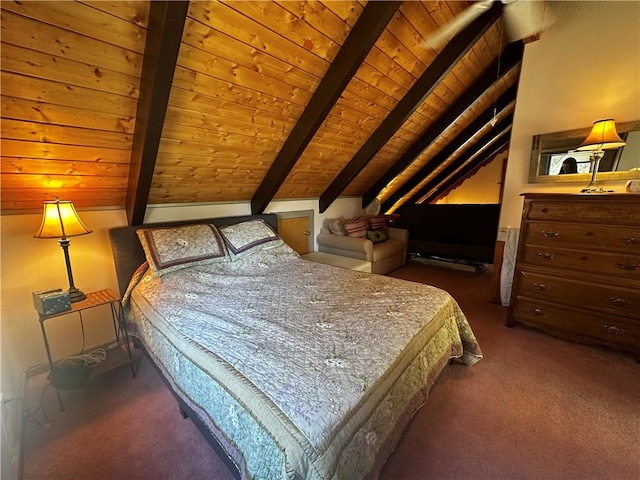 carpeted bedroom with vaulted ceiling with beams and wood ceiling