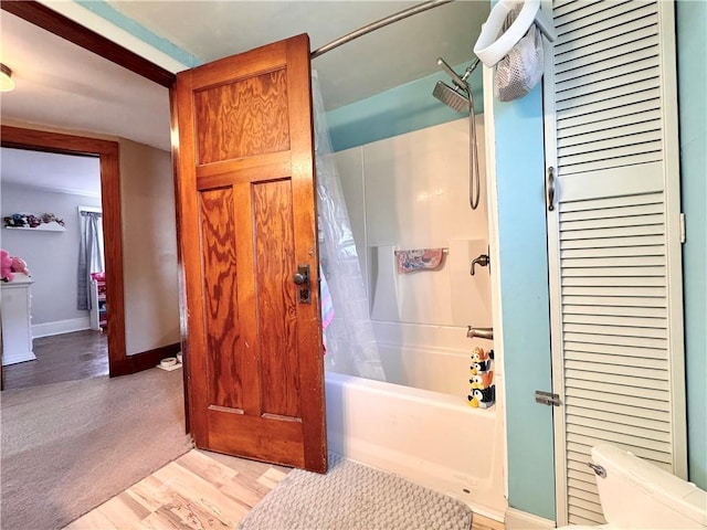 464 Pine St, Erwin, NY 14870 - full bathroom with baseboards, wood finished floors, and shower / bath combination with curtain