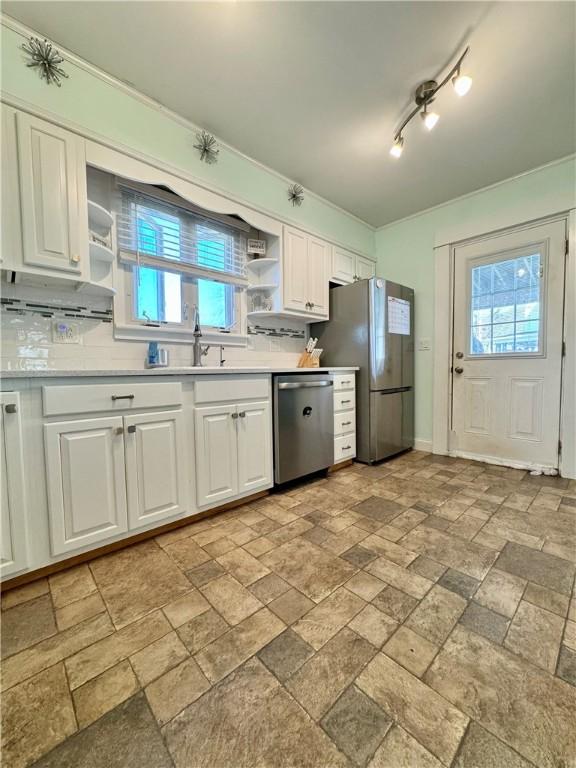 464 Pine St, Erwin, NY 14870 - kitchen with a sink, open shelves, white cabinetry, and stainless steel appliances