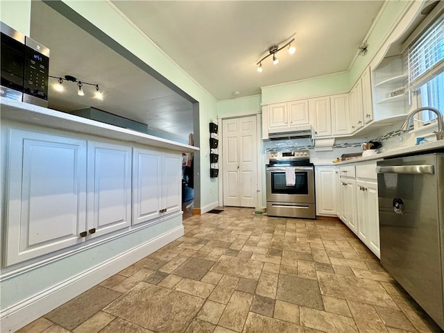 464 Pine St, Erwin, NY 14870 - kitchen with tasteful backsplash, under cabinet range hood, appliances with stainless steel finishes, white cabinetry, and open shelves