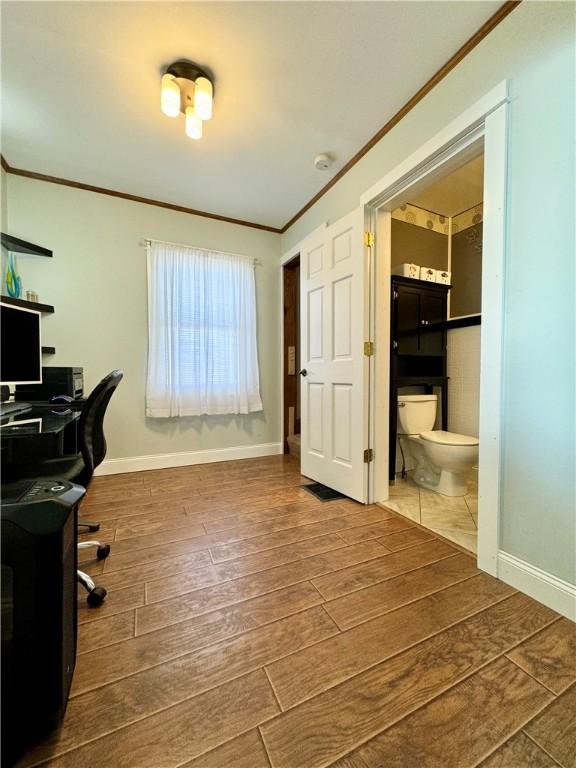 464 Pine St, Erwin, NY 14870 - office area featuring ornamental molding, baseboards, and wood tiled floor