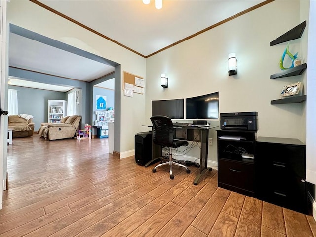 464 Pine St, Erwin, NY 14870 - office area with baseboards, light wood-style floors, and ornamental molding