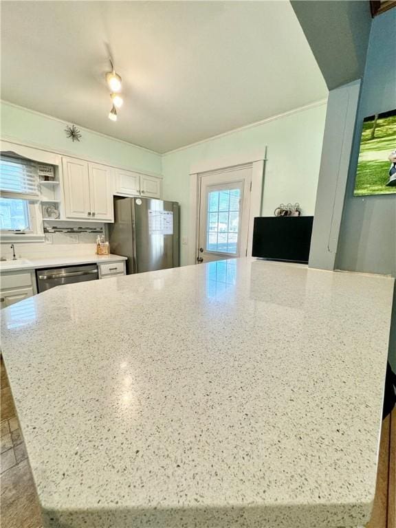 464 Pine St, Erwin, NY 14870 - kitchen with light stone counters, white cabinets, stainless steel appliances, and open shelves