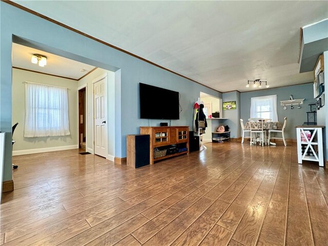 464 Pine St, Erwin, NY 14870 - living area featuring crown molding, wood finished floors, and baseboards