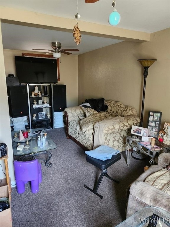 carpeted living room featuring beam ceiling and ceiling fan