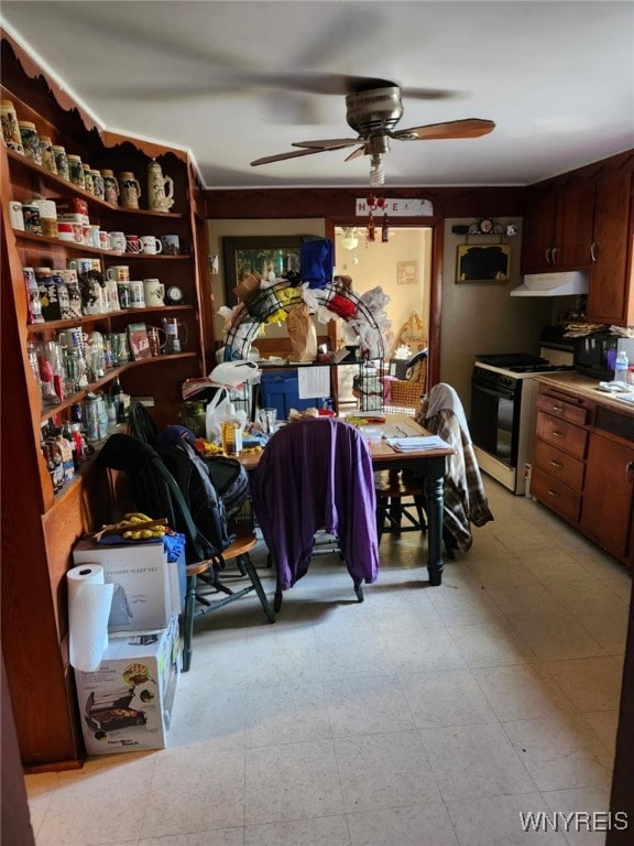 dining room with light floors and ceiling fan