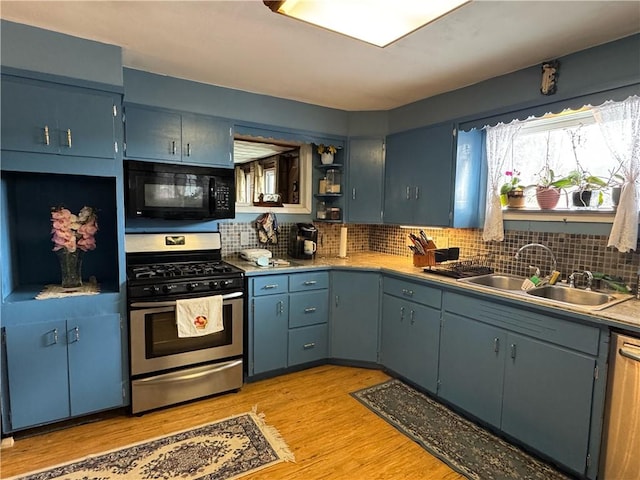 kitchen featuring tasteful backsplash, a sink, light wood-style flooring, stainless steel appliances, and open shelves