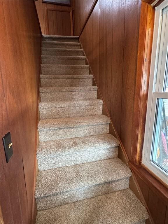 stairs featuring wood walls