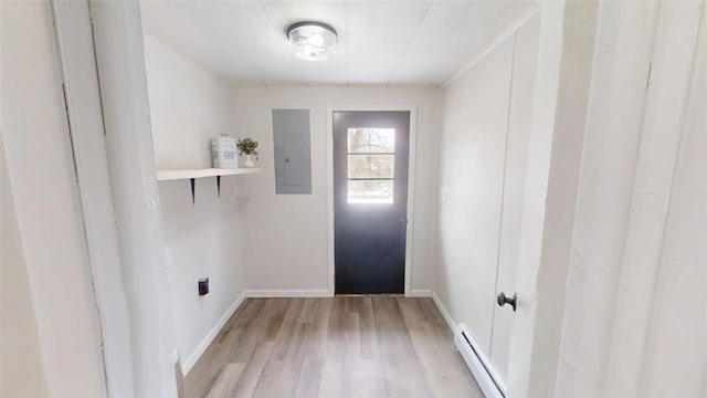 6339 County Road 32, North Norwich, NY 13815 - doorway to outside with a baseboard radiator, light wood-style floors, electric panel, and baseboards