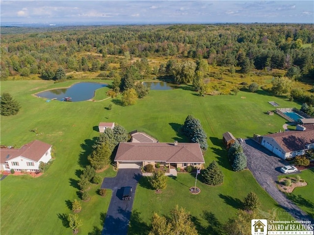 birds eye view of property featuring a view of trees and a water view