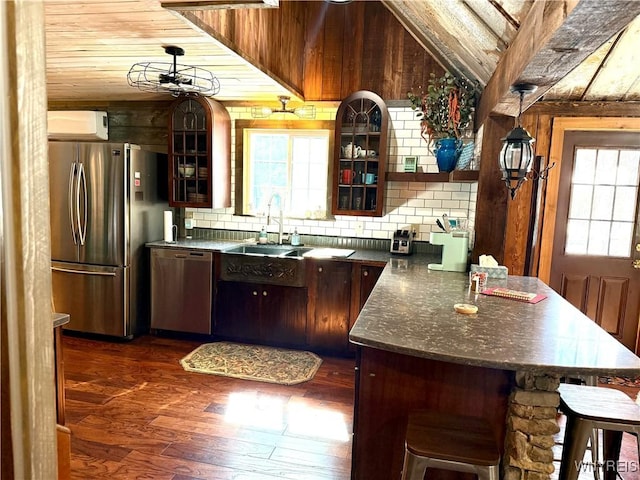 kitchen with a healthy amount of sunlight, appliances with stainless steel finishes, dark wood-type flooring, and a sink