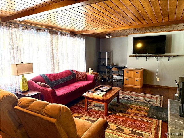 living area featuring baseboards, beam ceiling, wood finished floors, and wooden ceiling