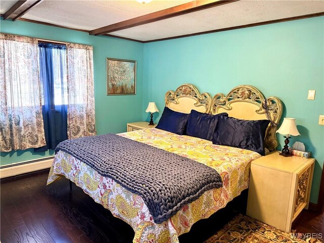 bedroom with beamed ceiling, a textured ceiling, hardwood / wood-style floors, and a baseboard radiator