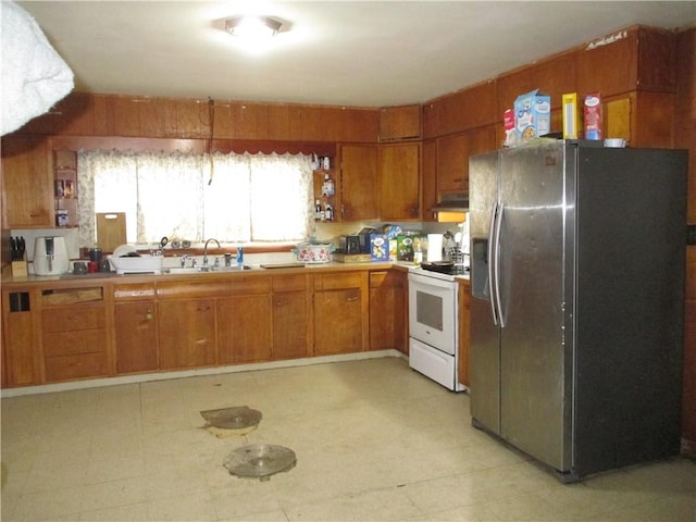 kitchen with brown cabinets, white electric range, under cabinet range hood, a sink, and stainless steel fridge with ice dispenser