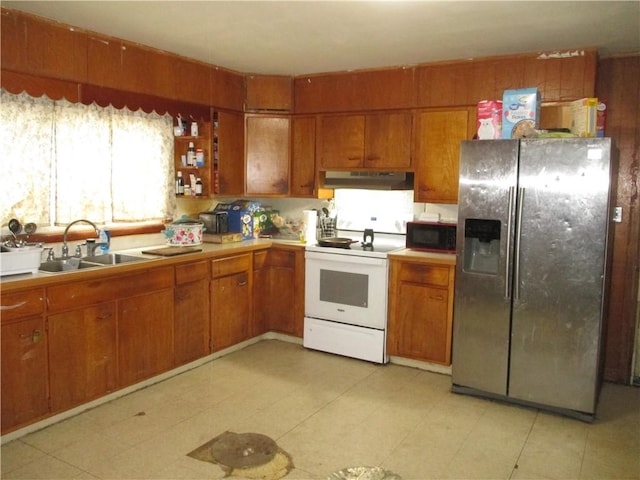 kitchen with white electric range oven, a sink, stainless steel refrigerator with ice dispenser, under cabinet range hood, and black microwave