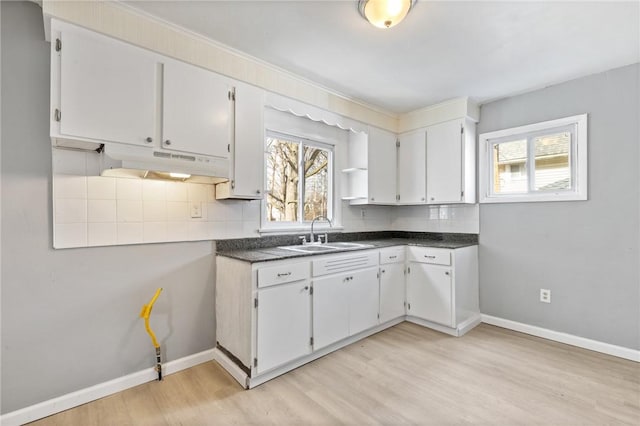 kitchen featuring a sink, under cabinet range hood, dark countertops, tasteful backsplash, and light wood-style floors