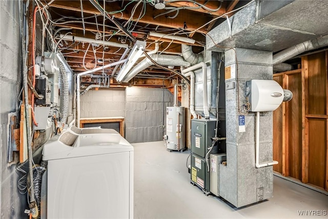 unfinished below grade area featuring heating unit, water heater, and washing machine and clothes dryer