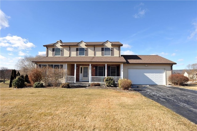 view of front of property featuring aphalt driveway, covered porch, a front lawn, and a garage